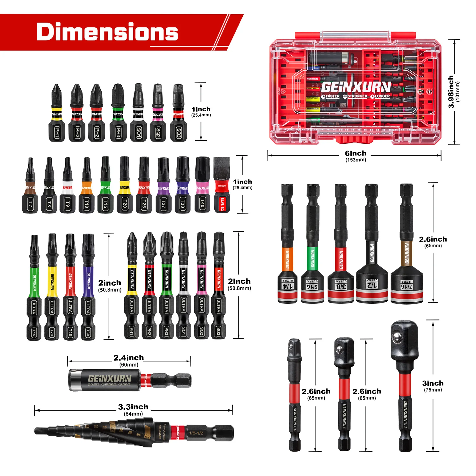 Geinxurn 61PCS Screwdriver Bits Set, Magnetic S2 Steel 1”/2'' PH/SQ/Torx/HEX/SL Impact Bit Holder and Nut Driver with Box Case