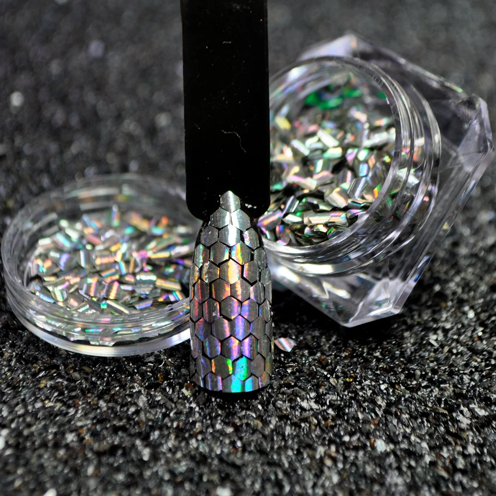 1 doos Vis Schaal Nagel Pailletten Holo Zilver Zeemeermin Hexagon Glitter Vellen Gebogen Curve Bodem Manicure Nail Art Tips Decoraties