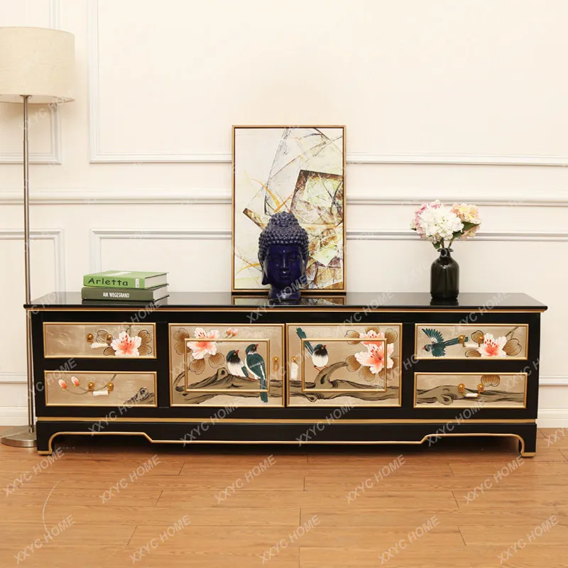 Medieval style floor-to-ceiling TV cabinet, retro living room storage locker, painted decorative cabinet art