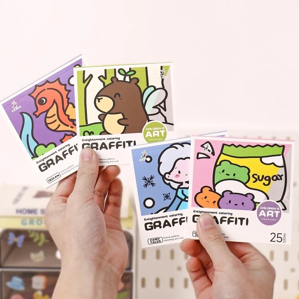 DIY Mini Cartoon Coloring Book Portable 25Sheets Watercolor Coloring Book Note Coloring Painting Album Drawing Practice