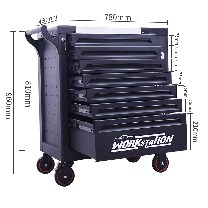 

OEM Customized 7 Drawers Tool Trolley Workshop Garage Storage Metal Rolling Cabinet Steel Workbench 300kg Load Capacity Key Lock