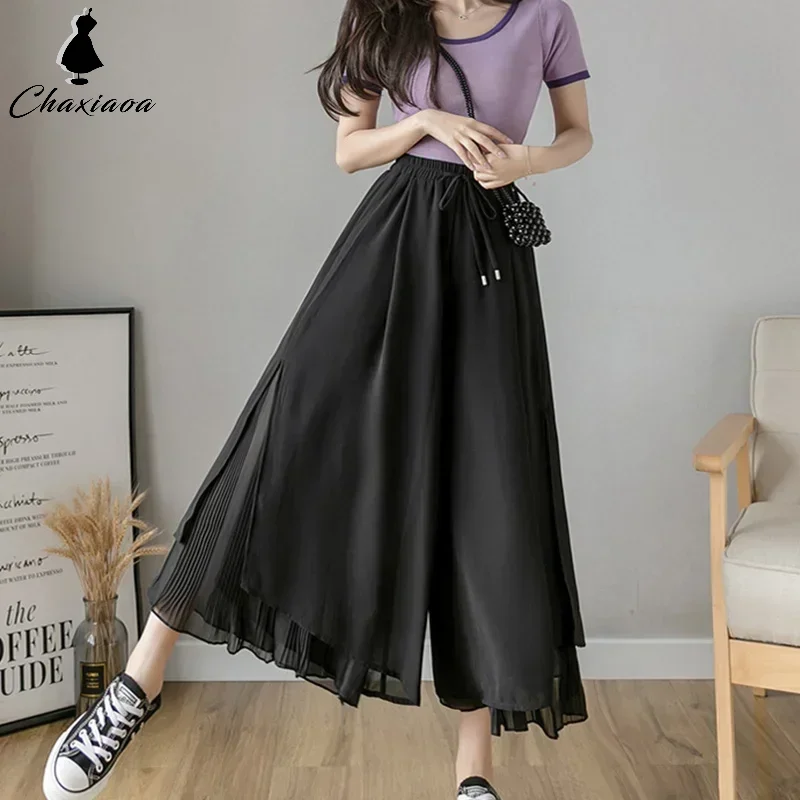 Women Pants Culottes Elastic Wide Leg Irregular Hem Double Layers Korean Trousers Summer Casual Loose Pleated Pants