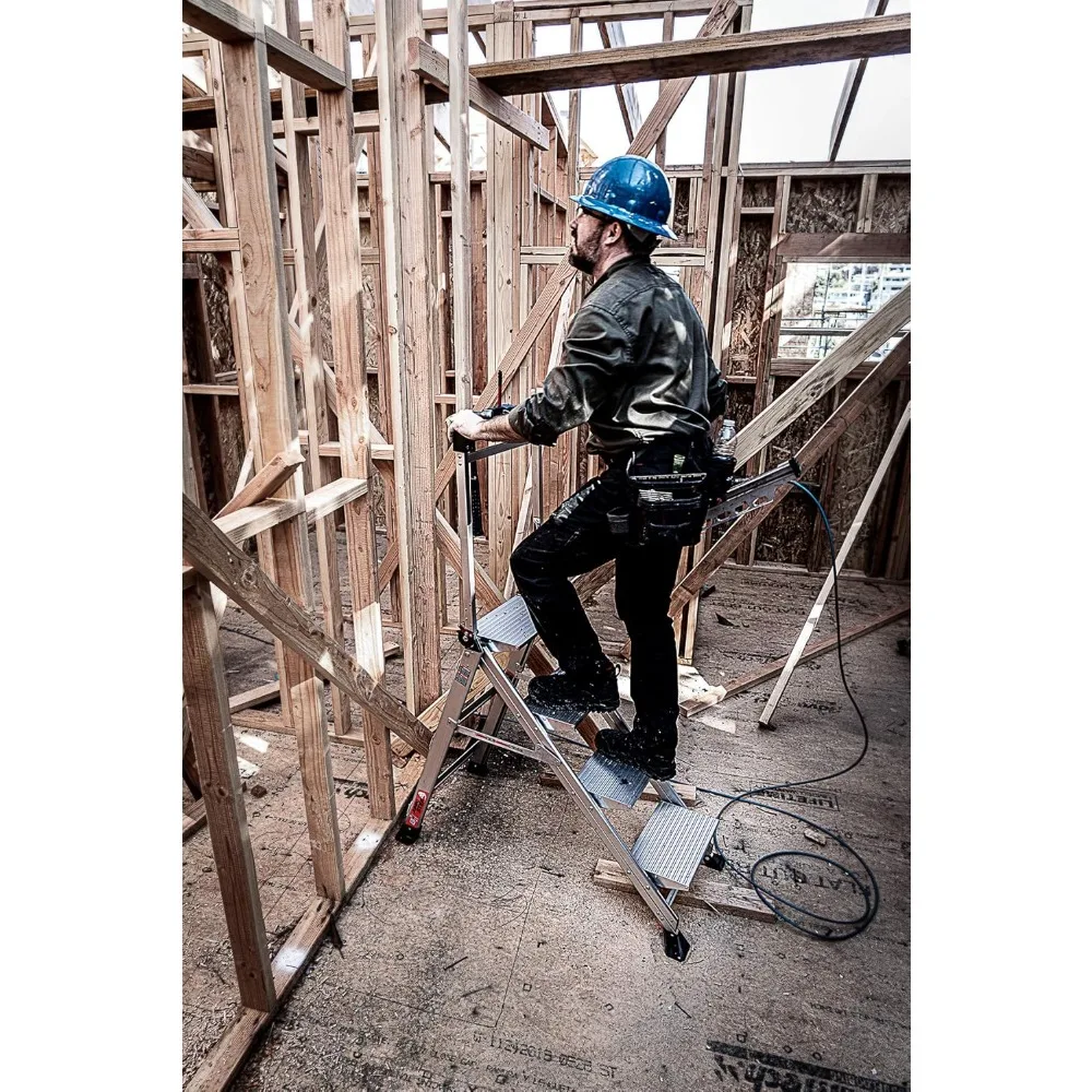 Escada dobrável de aço com dois grandes degraus antiderrapantes, barra de alta segurança e bandeja de armazenamento