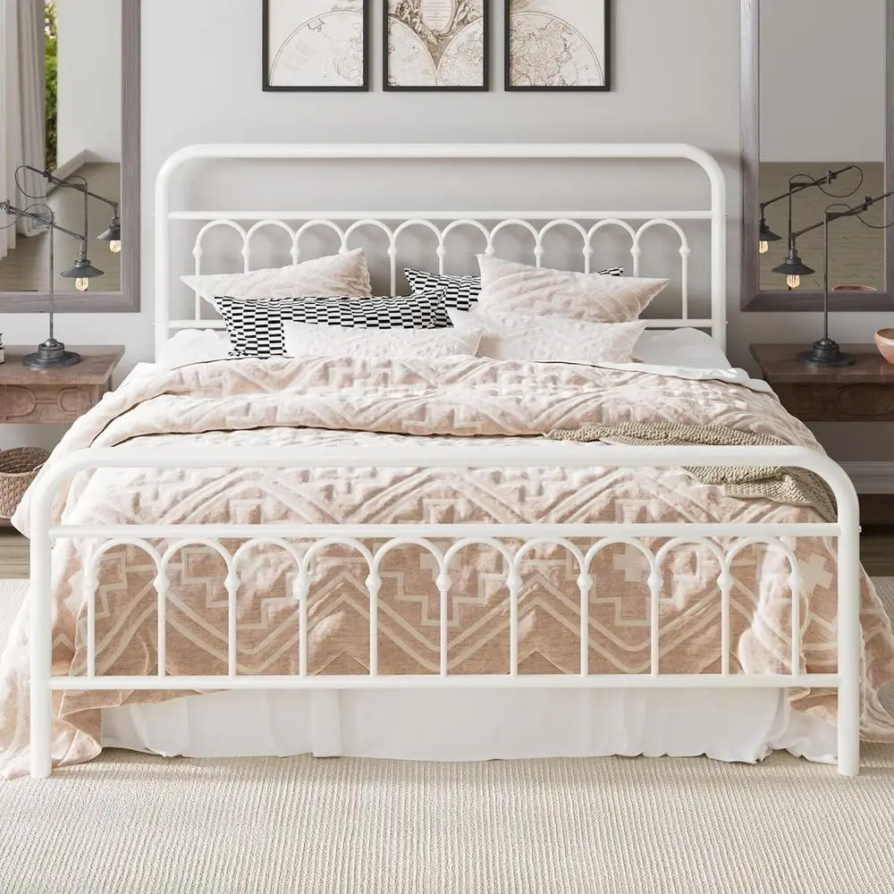 14 King Metal Platform Bed with Curved Iron Footboard, Easy Assembly, Storage Space, No Box Spring Needed, Cream White