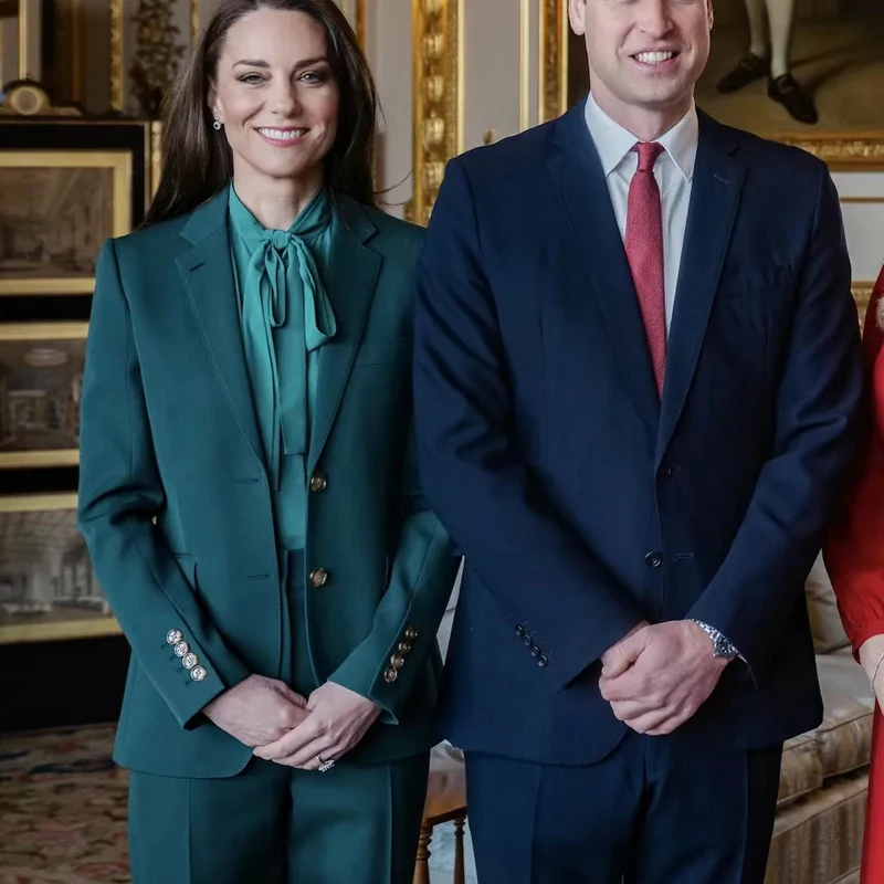 2024 Fashion Slim Long Sleeve Slim Blazer Princess Kate Middleton Solid Green Trousers Set