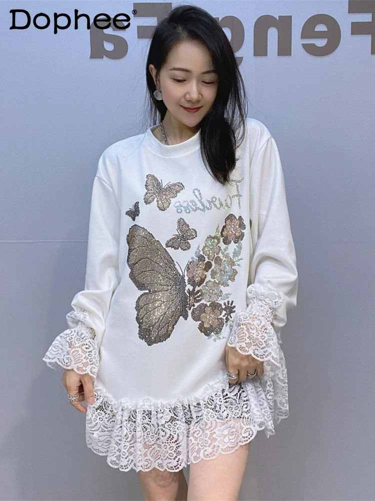 

Loose Long Sleeve Top Women's Spring and Autumn 2025 New Lace Splicing Cartoon Hot Diamond Crew Neck Flared Sleeve T-Shirt