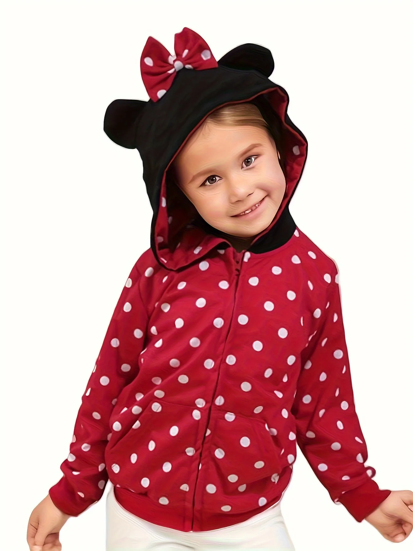 

Толстовка в красный горошек в стиле принцессы для девочек с карманами и бантами, милая детская верхняя одежда с красной мышкой