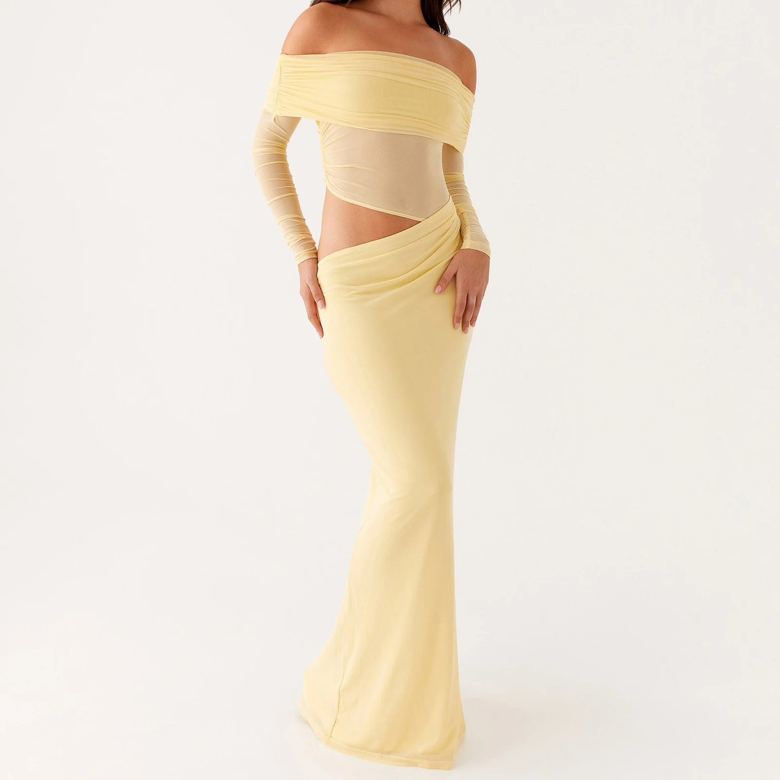 여성 섹시 오프숄더 우아한 롱 드레스 슬림 루슈 솔리드 컬러 컷아웃 긴팔 백리스 메쉬 바디콘 파티 클럽 드레스