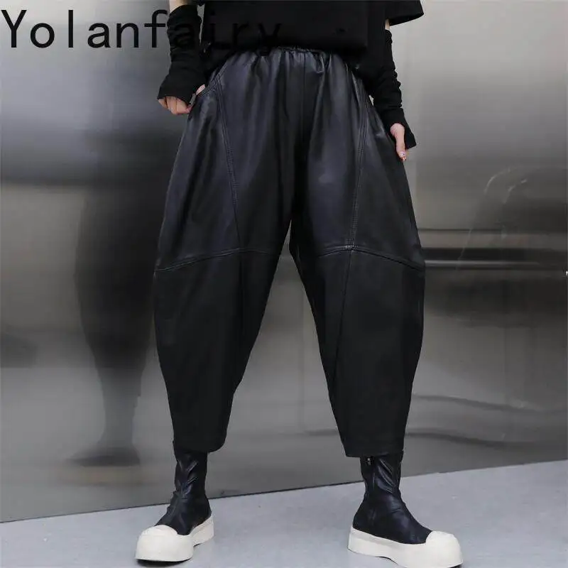 YOLANFAIRY 2026 Autumn Real Leather Harem Pants Genuine Sheepskin Leather Casual Leather Pants Women Black Korean Style 9 Points