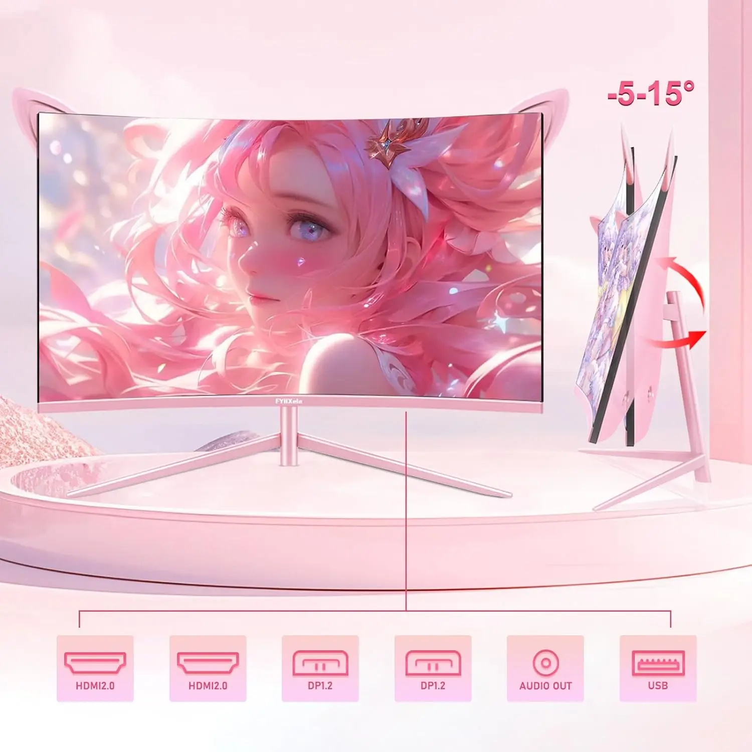 FYHXele 27inch 165Hz Curved Gaming Monitor FHD QHD Fast IPS 1ms FreeSync 99% sRGB HDMI DP USB VESA Mountable Pink