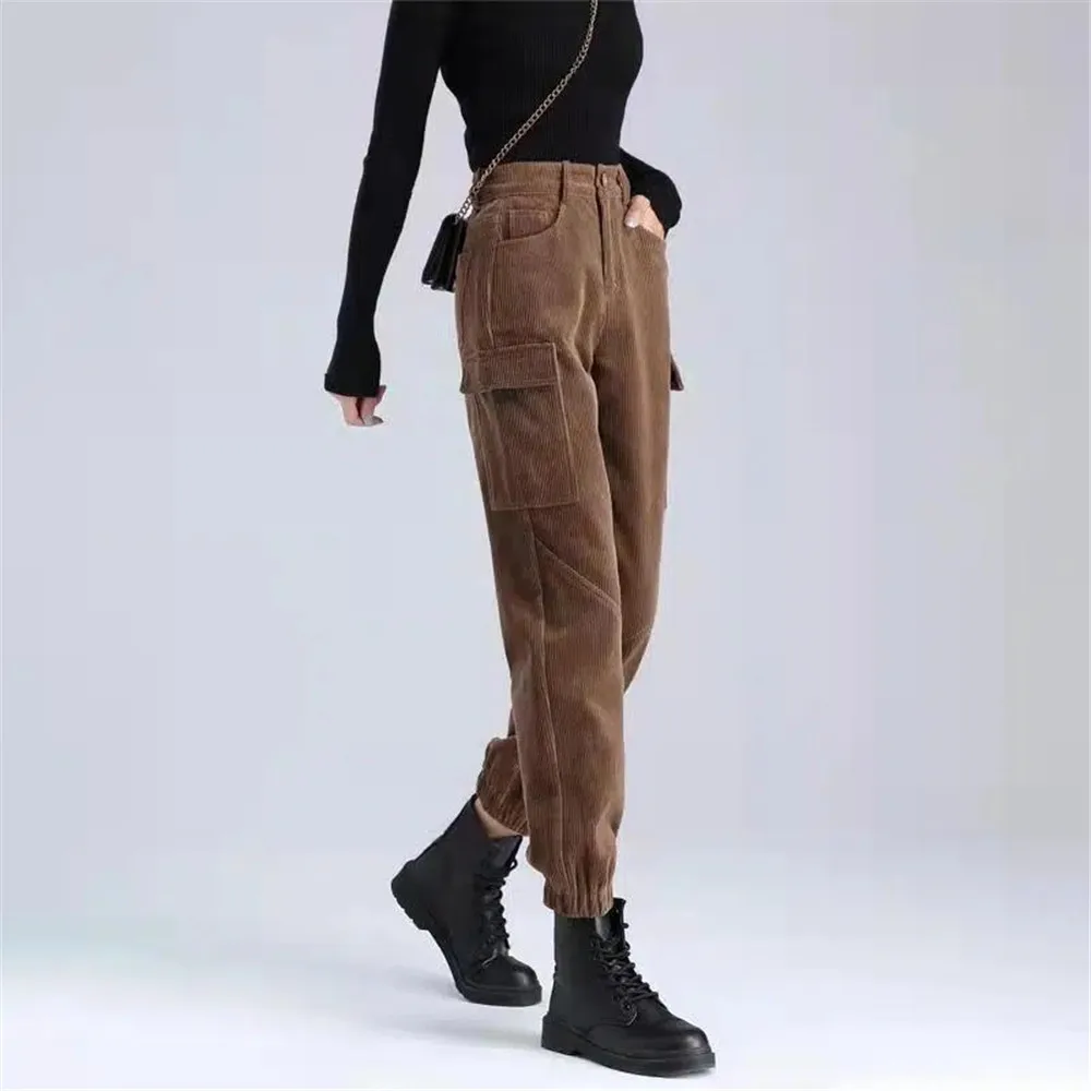 

Vintage Corduroy Brown Cargo Pants Women Winter Autumn Warm High Waist Big Pockets Baggy Trousers Casual Black Harem Sweatpants