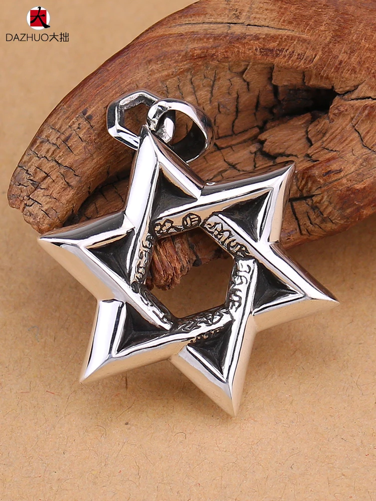 Hexagram Star Pendant 925 Pure Silver Couple Single Pendant American Retro Silver Jewelry Necklace Pendant