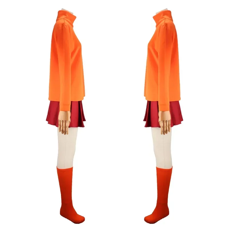 Anime velma uniforme cosplay traje laranja saia curta uniforme feminino laranja vestidos meias festa de halloween carnaval conjunto