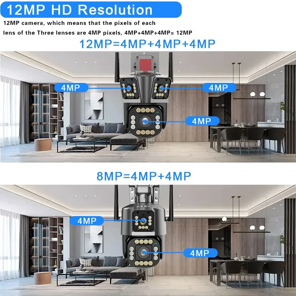 6K 12MP WiFi IP Camera Outdoor 360° Video Surveillance Security-Protection Three Screen Ai Tracking CCTV Waterproof Street Cam