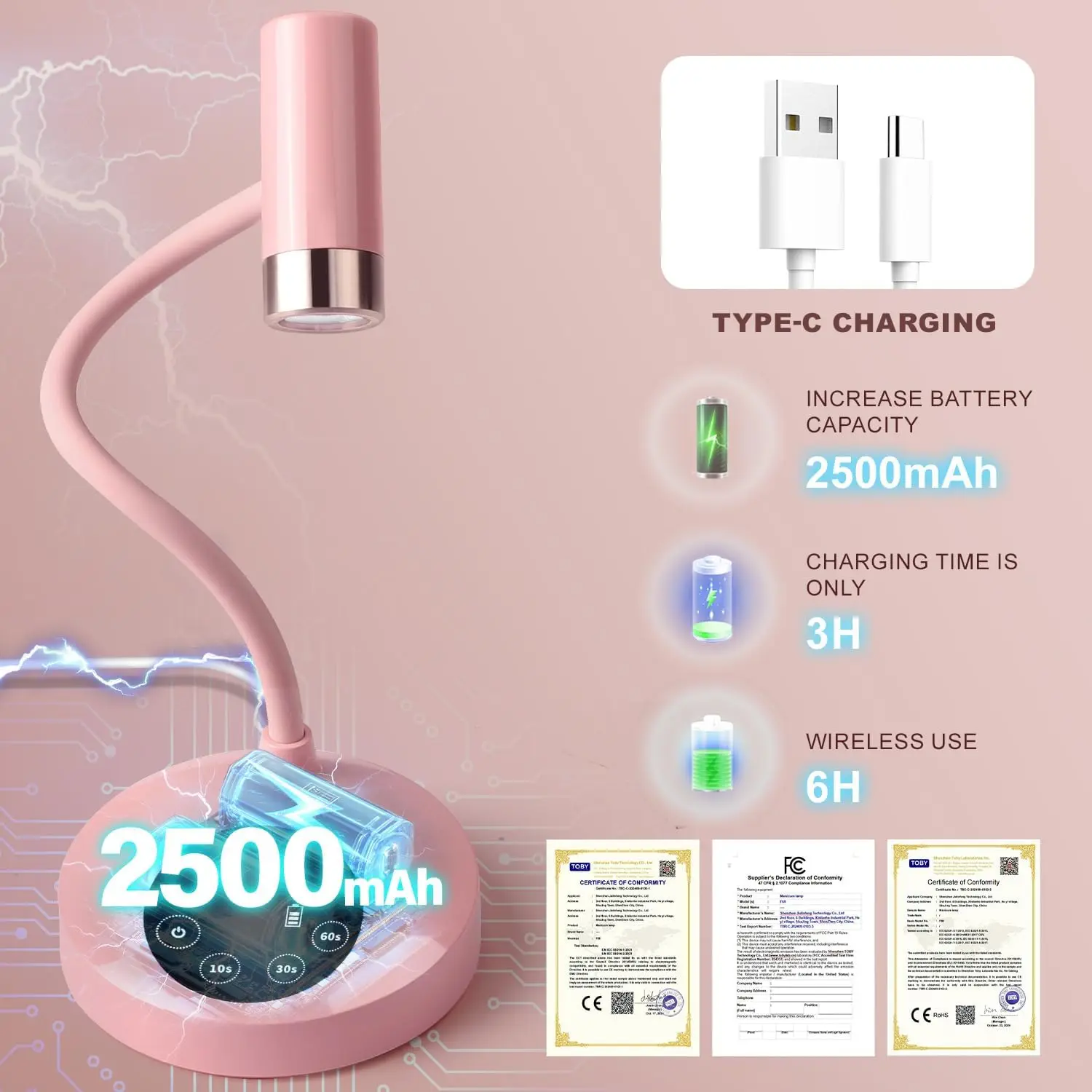 Lampe à ongles UV LED, lampe à col de cygne rechargeable pour ongles 12W LED sèche-ongles avec 4 minuteries et capteur automatique