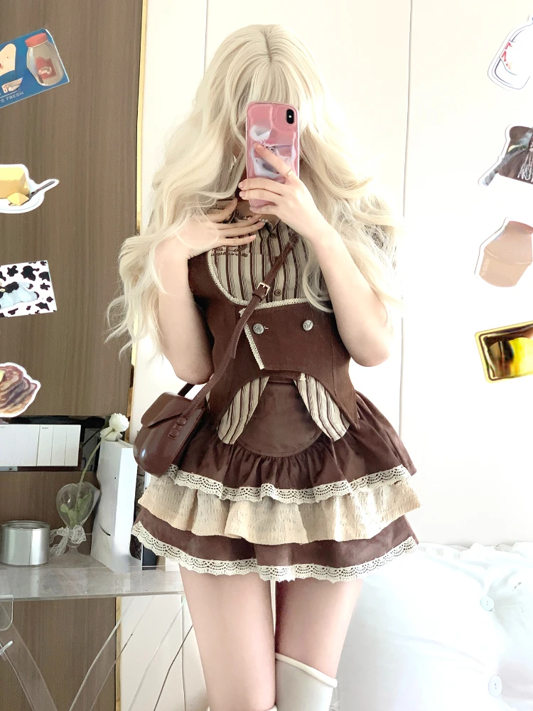 Japanese Kawaii Lolita 3 Piece Set Women Lace French Vintage Cake Mini Skirt Suit Striped Korean Fashion Sweet Clothing 2023 New