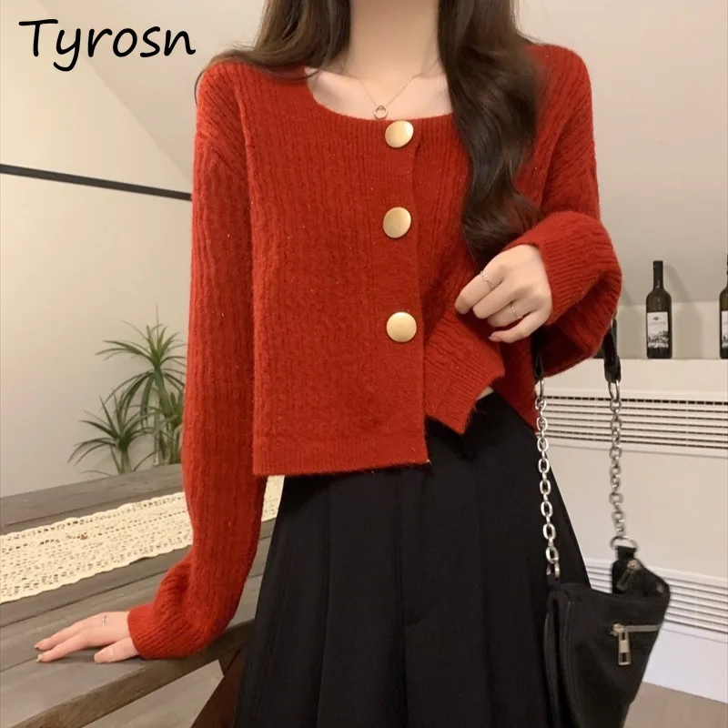 

Sweaters Women Autumn New Square Collar Cardigans Crop Loose Soft Waxy Long-sleeved Single Breasted Age-reducing Sweet Girls