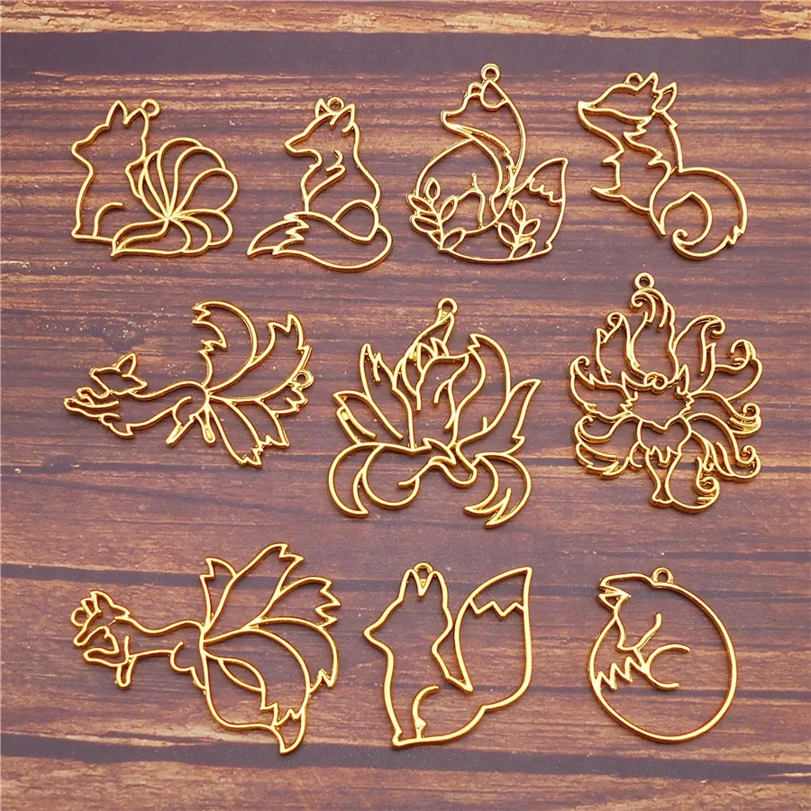 Julie Wang 10PCS Alloy Hollow Fox Charms Gold Color Open Bezel Frame Animal Mold For Resin Crafts Epoxy Jewelry Making Accessory