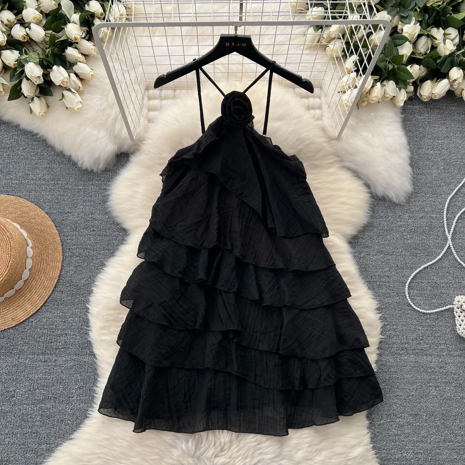 

Summer Off Shoulder Backless Chic Flower Halter Evening Party Dress Women Slim Sapghetti Strap Sexy Club Black Mini Dresses