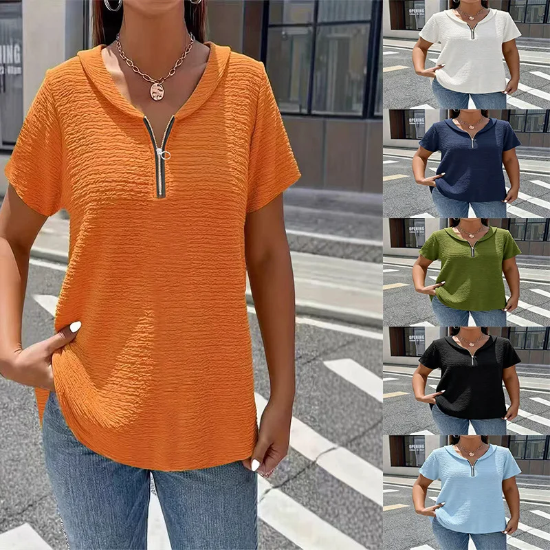 

Summer Women Blouses 2026 New Fashion Solid Color Short Sleeve Loose Shirts Casual Zipper Pullovers Female Tops