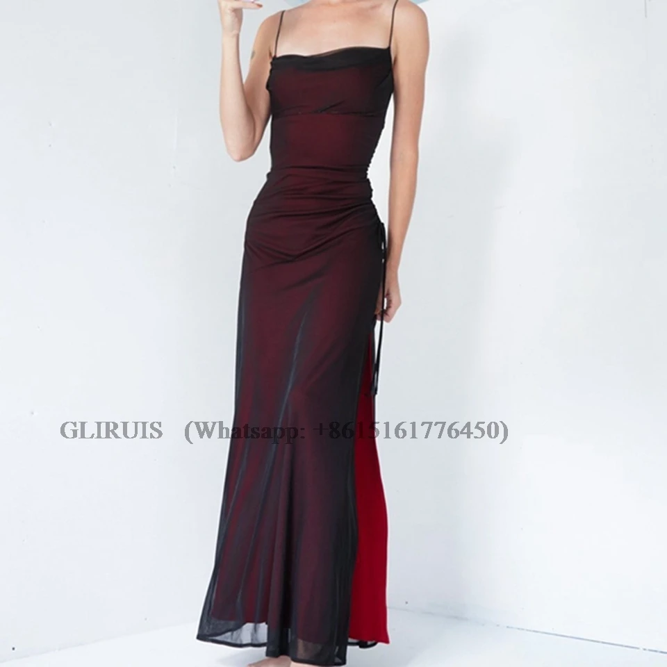 Dark Red Spaghetti Straps Tulle Mermaid Prom Gown High Side Slit Party Floor Length Evening Dresses For Women Customized