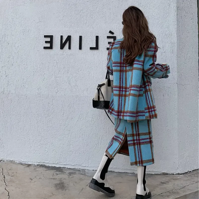 Women Suits Wool Spring Autumn Office Lady Korean Long Coat Shirt Plaid Notched Single Breasted 2 Pic Set Luxury