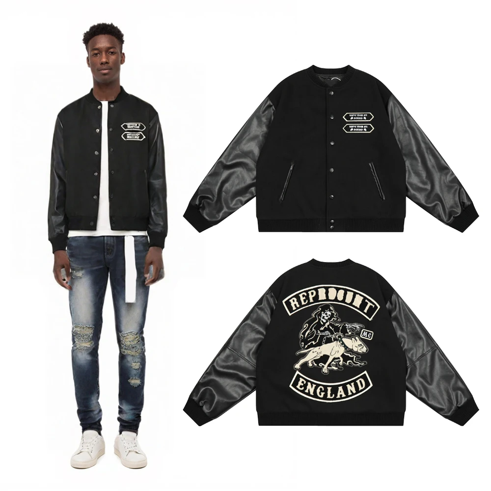 

Men's Clothing Skulls Embroidery Baseball Vintage Jackets American Street Wear Leather Sleeve Street Style Winter Jacket for Man