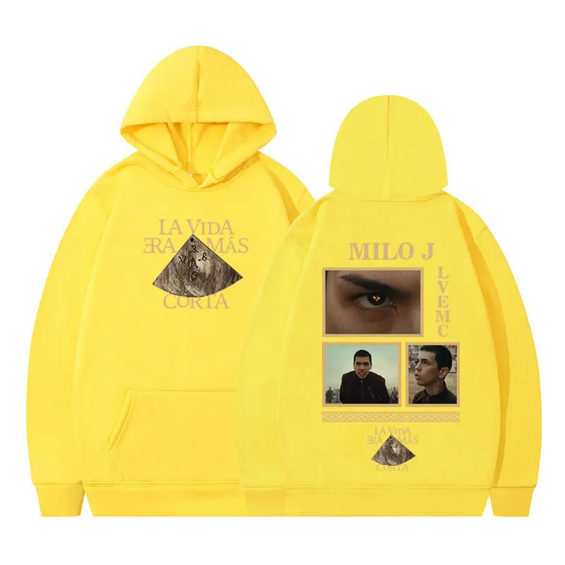 Rapper Milo J La Vida Era Mas Corta Album Grafik-Hoodie für Männer und Frauen Harajuku Pullover Langarm Dick Hip-Hop Locker Sitzender Sweatshirt – Detail 7