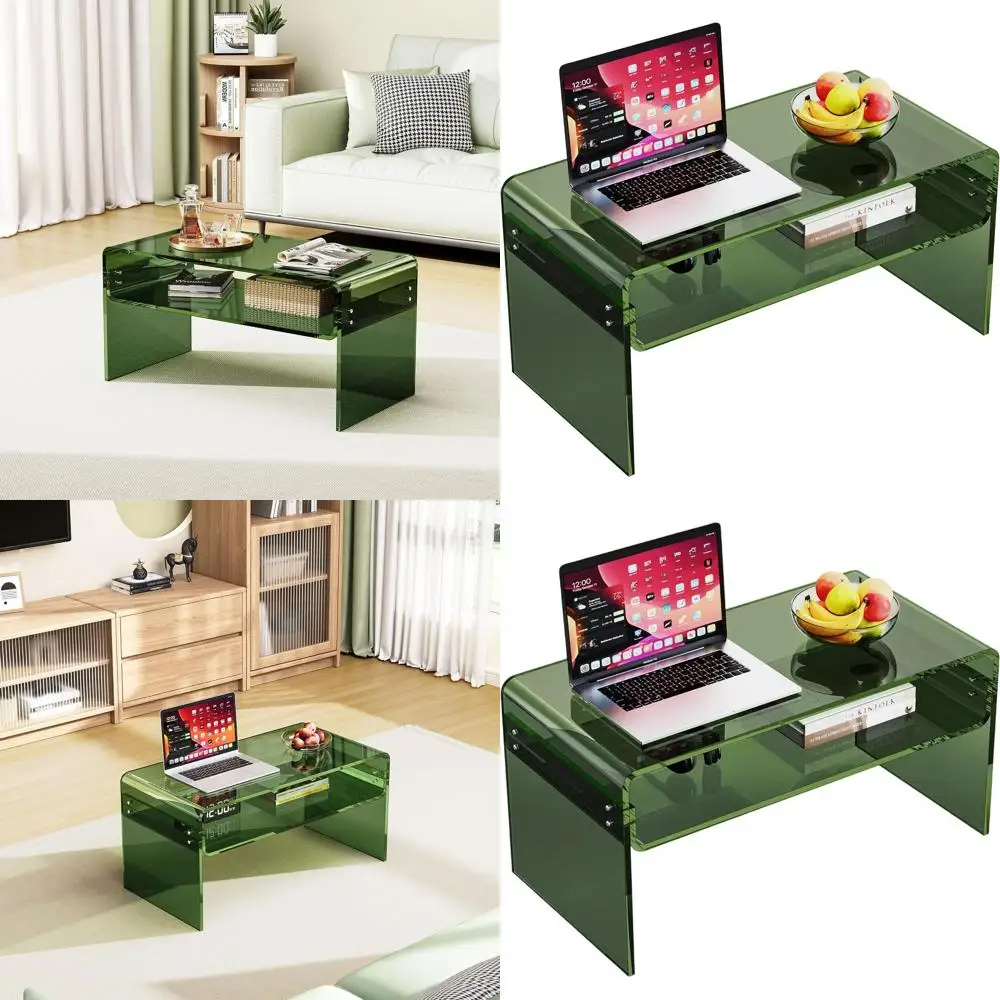 

Clear Acrylic Coffee Table with Green Open Storage Shelf for Living Room