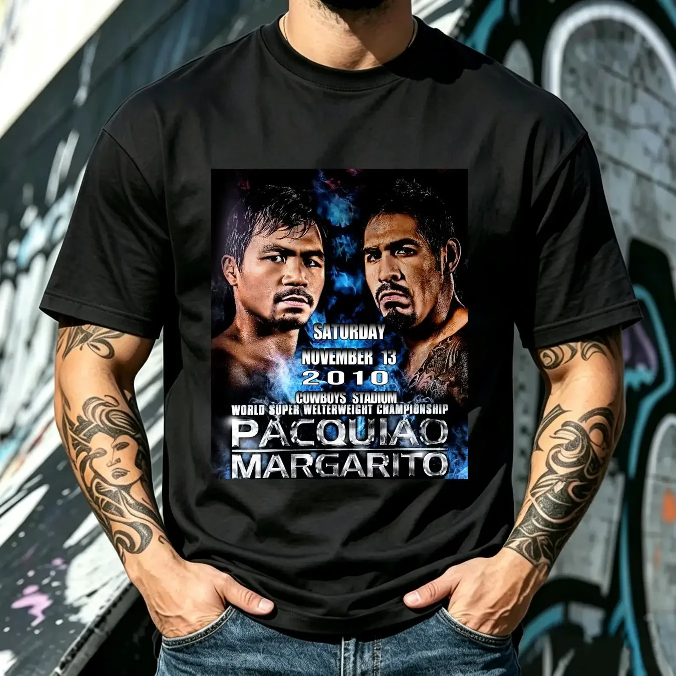 washed T Shirt Boxing Manny Pacquiao vs Antonio Margarito 2010 L long or short sleeves vintage Washed homme Breathable