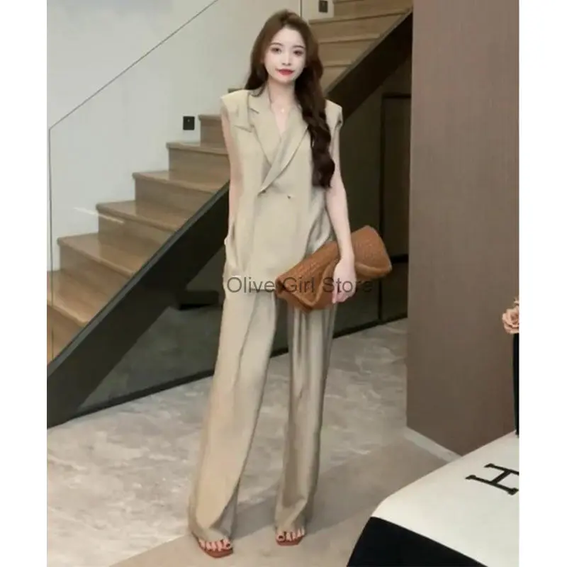 Elegant Socialite Long Pants Set Workout Sets Woman Clothes Outfits Summer Fashion High-end V-neck Sleeveless Suit Top and Pants