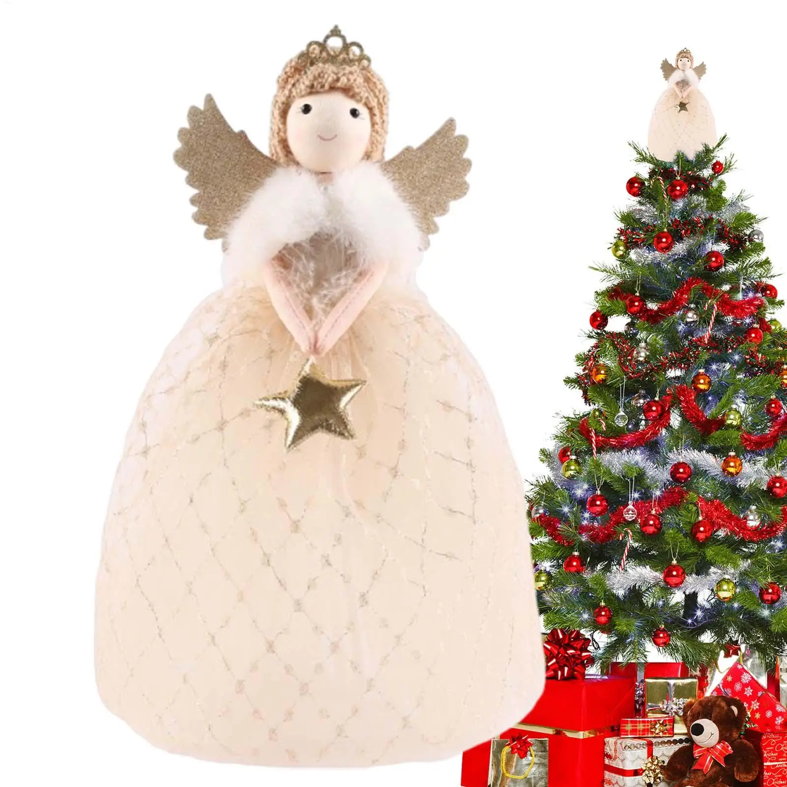 Weihnachtstopper für Bäume, Engelsstern, Weihnachtsdekoration, weiche Puppenmädchen-Figur, Flügel, Baumdekoration für Heimdekoration, Schlafzimmer