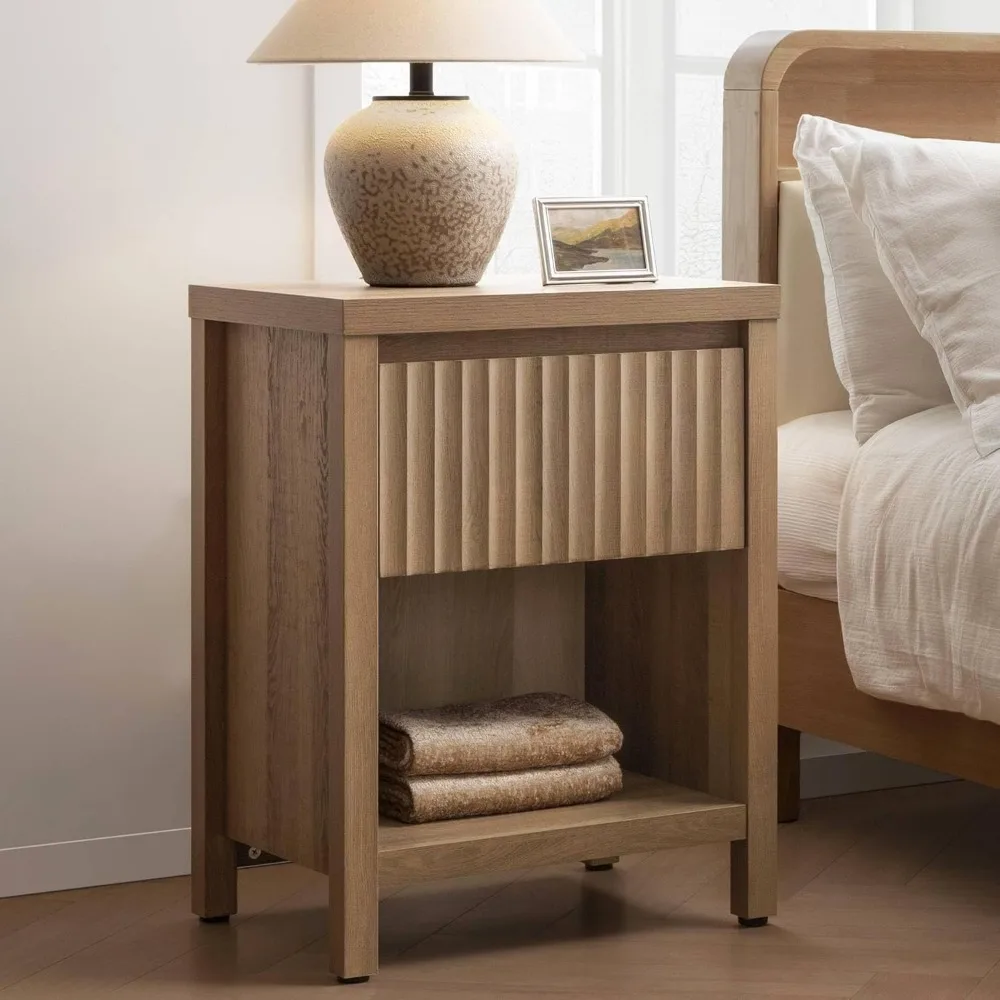 

Fluted Night Stand Set of 2, Farmhouse Nightstands with Drawer, Boho Bedside Table with Storage Shelf, Large End Tables