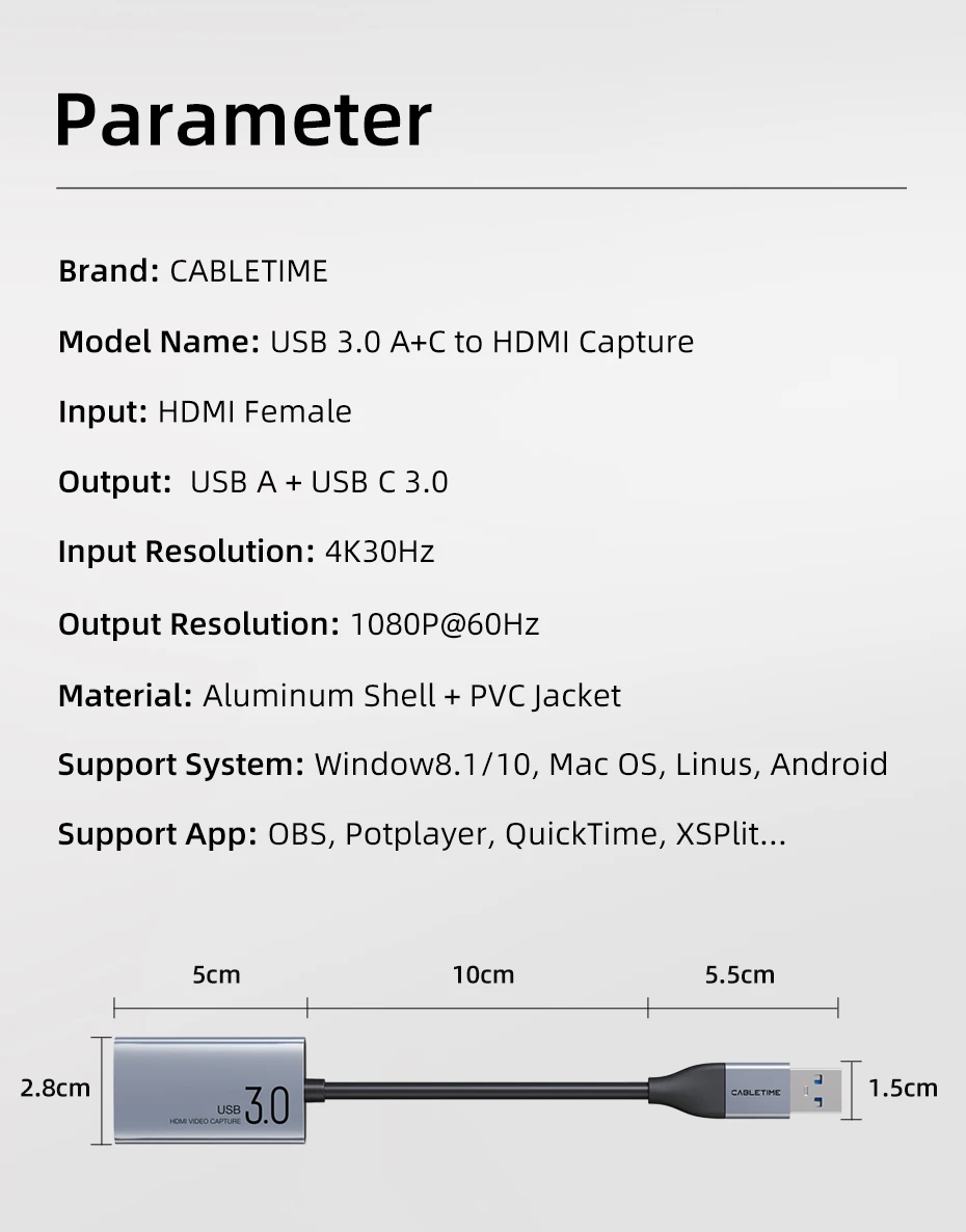 CABLETIME Video-Aufnahmekarte USB 3.0 4K HDMI zu USBA USB-C HDMI Video-Grabber-Box für PC Computer Kamera Live-Gaming – Detail 14