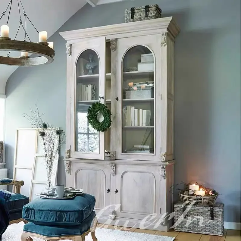 

AAAmerican Light Luxury Decoration French Solid Wood Bookcase Double Door Oak Display Retro Old Storage Wine Cabinet