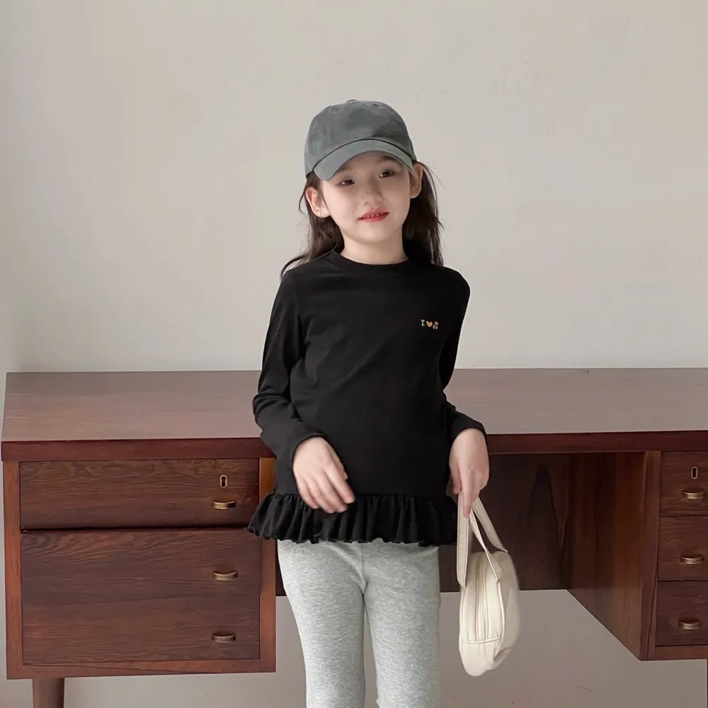 

4-8Y girls clothes autumn baby tops Black lace round neck base shirt Super soft slim fit inner long sleeved solid color top