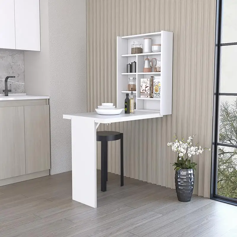 Foldable Table with 7 Interior Shelves, White Finish for Home or Office Use