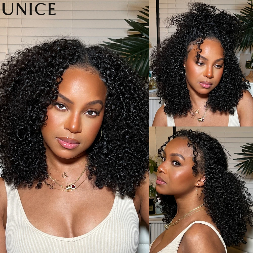 UNice Afro Kinky Curly V Part Wigs No Leave Out V Shape 100% Human Hair Wig With Clips & Drawstring 180% Density