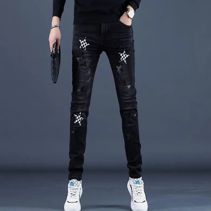 

Spring and Autumn New Fashionable Trendy Black Elastic Small Leg Pants Casual Slimming Sports Retro High Quality Jeans 28-36