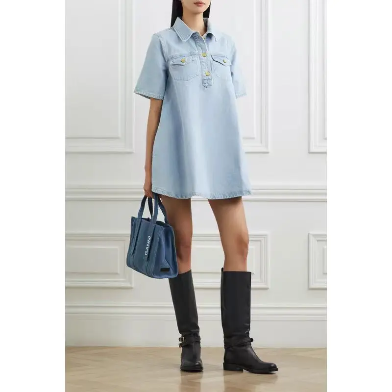 

SKMY 2024 Spring Summer New Blue Short Sleeve Women Clothing Denim Dress Turn-Down Collar Button A-Line Loose Short Dresses