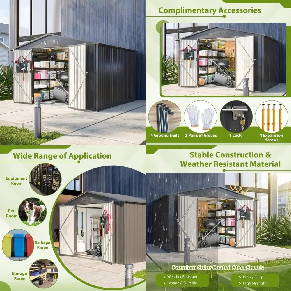 

Durable Metal Outdoor Storage Shed - 8x10 ft Garden Tool Shelter with Frame Floor and Lockable Doors