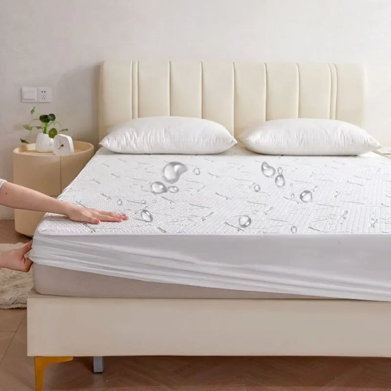 Bamboo Fiber Jacquard Waterproof Fitted Sheet Cozy Dust-Proof Mattress Cover with Elastic Band Home Textiles for Queen King