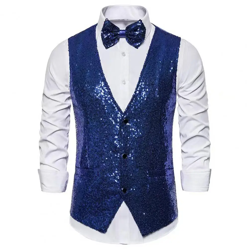 Men Sequins Waistcoat Shiny Bow-knot Decor Slim Fit V Neck Single-breasted BlazerVest Stage Performance Compere Emcee Waistcoat