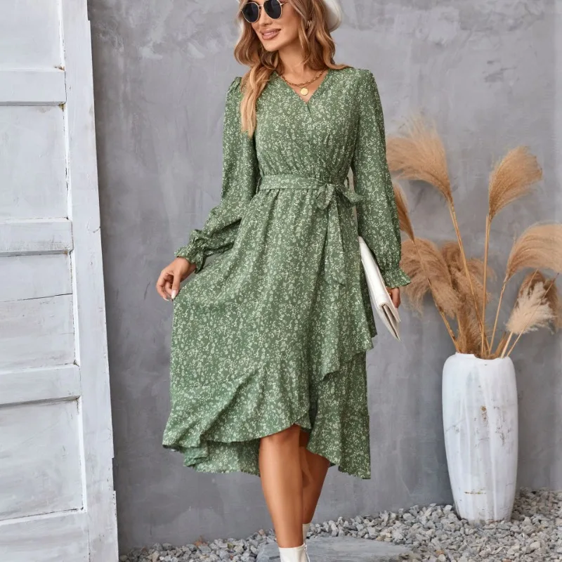 Women Printing Dress V-neck Petal Long Sleeve Skirt Casual Street Style Skirt Waist Irregular High Slit Dress Women Dress