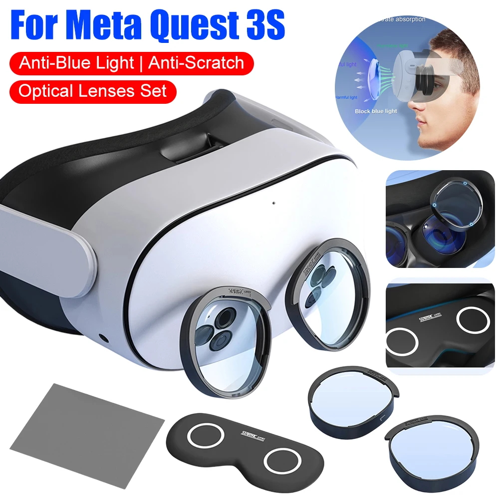 

Линзы против царапин для Meta Quest 3S, оптические линзы с кольцом против синего света и защитной крышкой и чистящей тканью, аксессуары VR