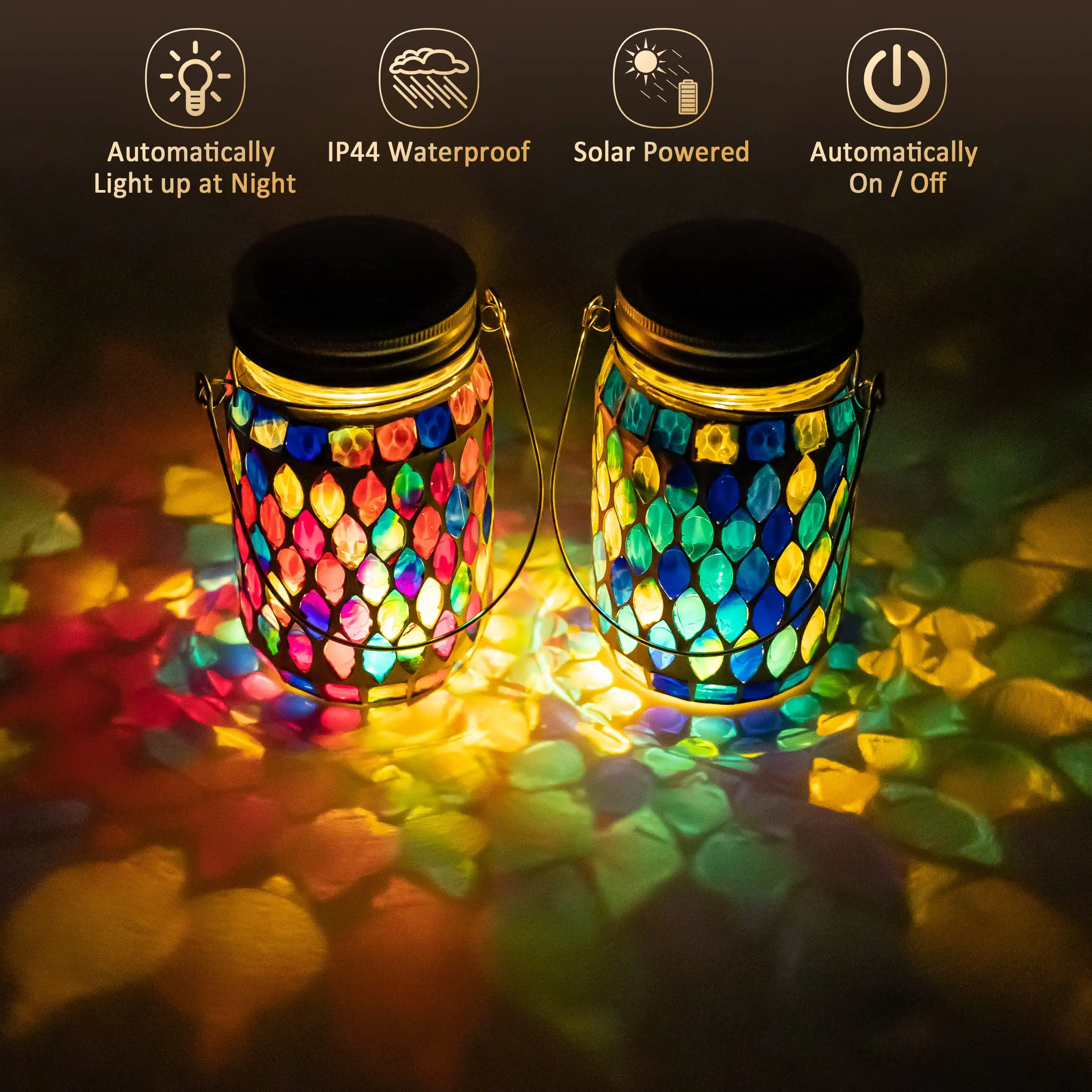 Imagem -03 - Lanternas Mosaic Solar Powered para Exterior Pendurado Mason Jar Glass Bottle Lights Luzes Impermeáveis para Jardim Pátio Pathway Yard Decoration