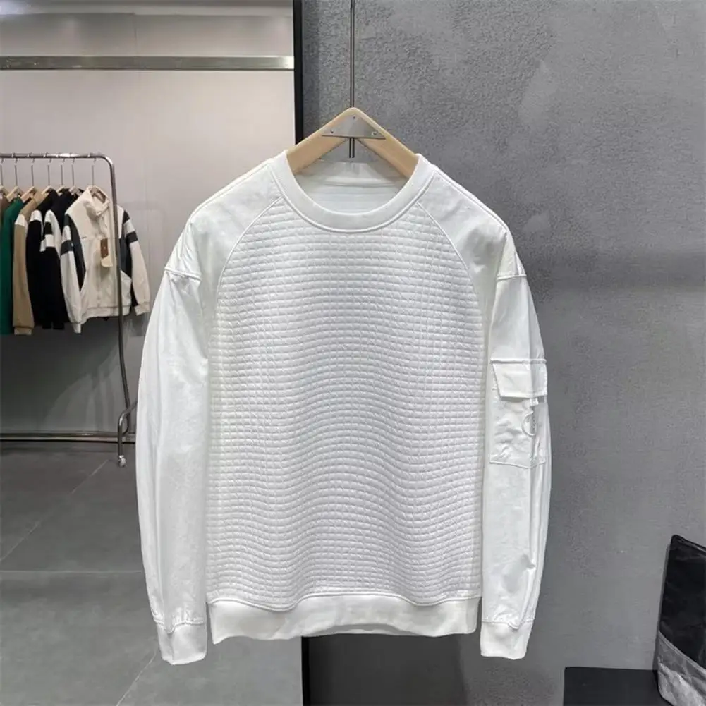 Solid Color Sweatshirt Men's Long Sleeve Crew Neck T-shirt with Pocket Soft Breathable Fabric Elastic Cuff Simple Style for Fall