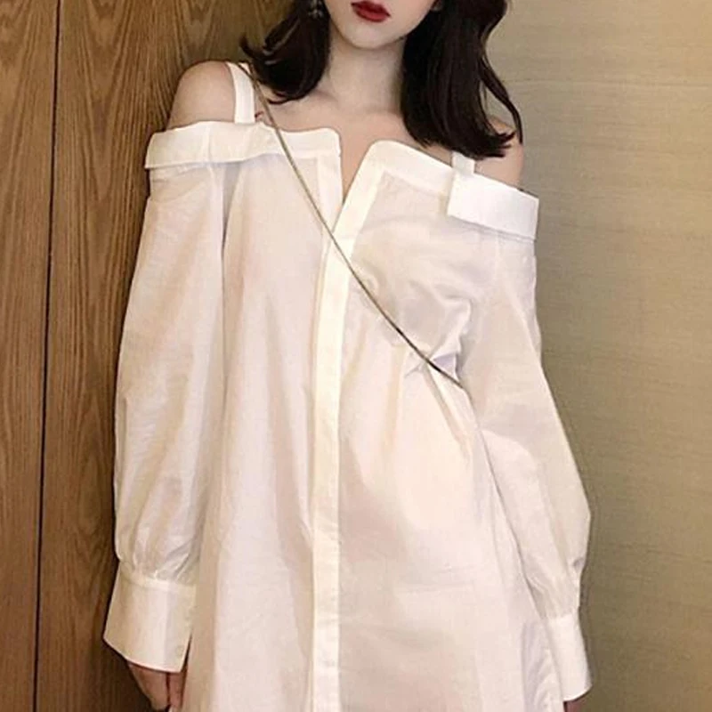 2023 Spring Autumn Solid Color Fashion Slash Neck Long Sleeve Shirt Dress Women Casual Off Shoulder Button All-match Vestidos