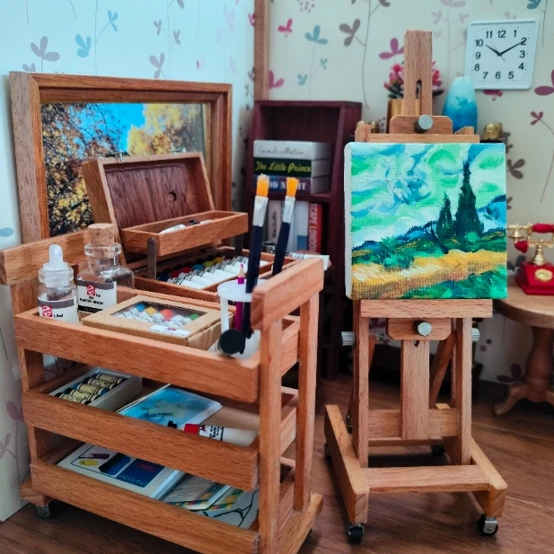 Miniature Easel, Oil Paint Box, Color Palette, Paint Pen Stand, Oil Brush,  Oil Pain Paper, Draw Knife Miniature Draw Tools