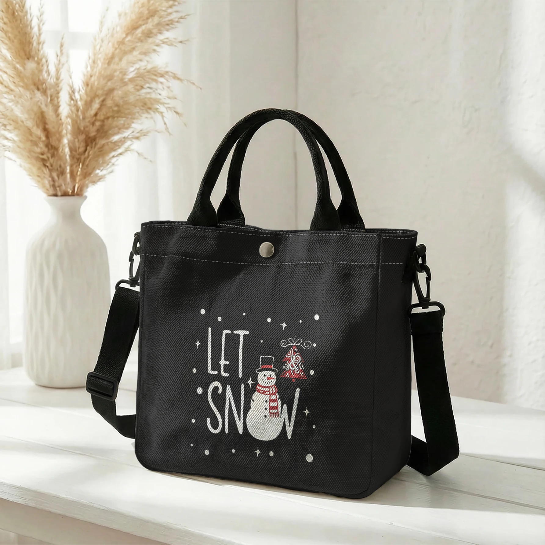 Let It Snow Snowman Letter Print Tote Bag, Detachable Strap Crossbody Handbag For Daily Work Shopping